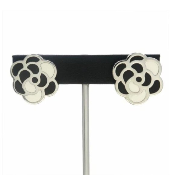 CHANEL CC Logos White Black Camellia Clip-On Earrings Silver Tone - Picture 1 of 8